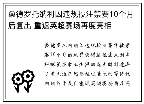 桑德罗托纳利因违规投注禁赛10个月后复出 重返英超赛场再度亮相 桑德罗托纳利因违规投注禁赛10个月后复出 重返英超赛场再度亮相